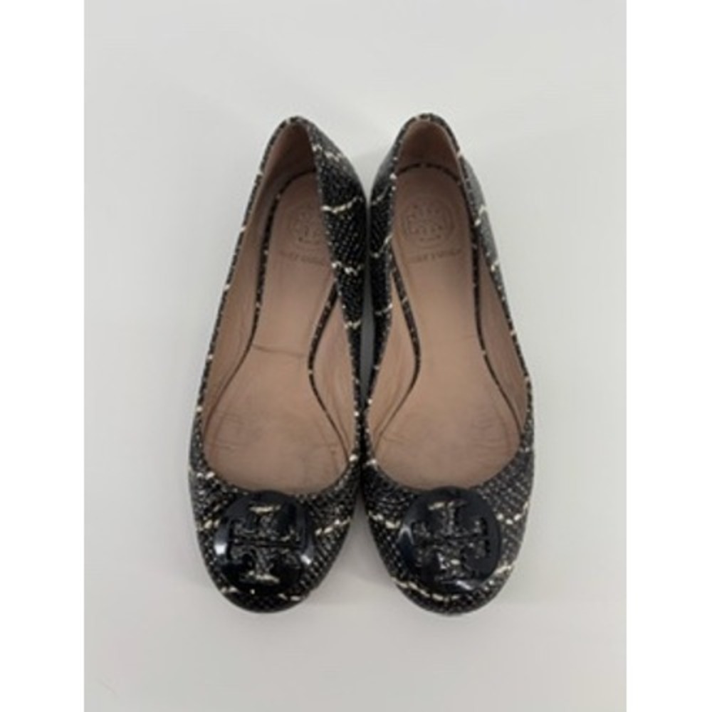 Tory Burch Reva Ballet Flats Black White Snakeskin Embossed Leather Logo 6.5